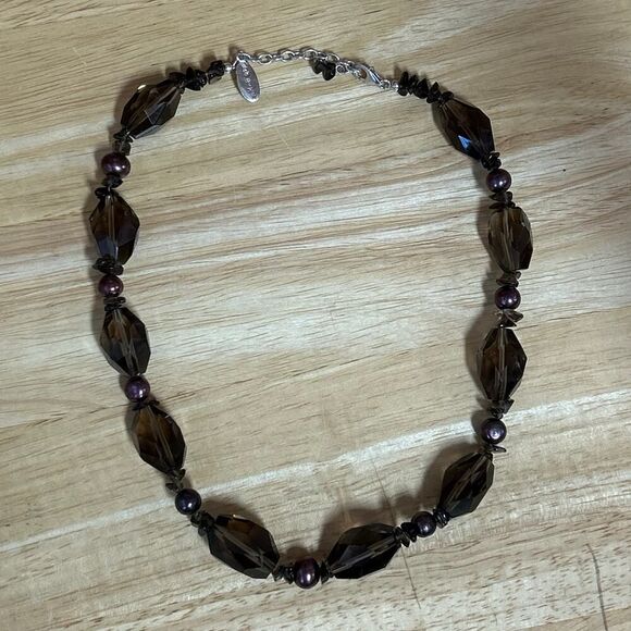 Vintage Handmade Deb Guyot 925 China Smokey Quartz and Purple Pearl Necklace - Picture 5 of 5